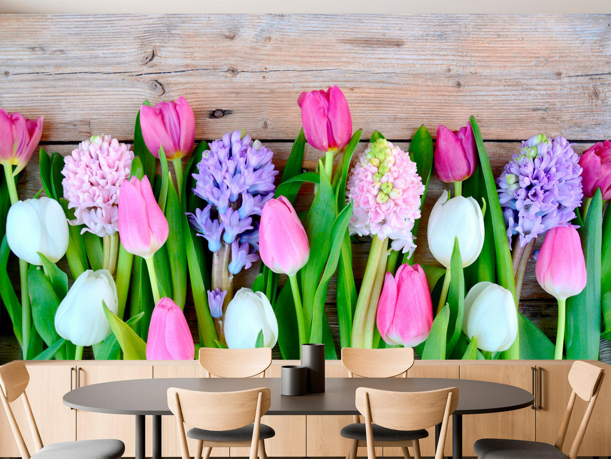 FOTOTAPETE für Küche Rosa Tulpen Violette Hyazinthen Holztisch 250x175 - Ecru/Violett, Papier (250/175cm) - Muralo
