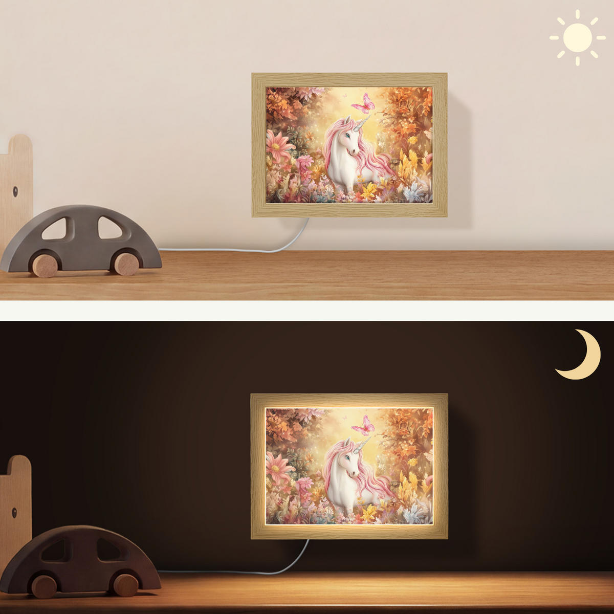 NÁSTĚNNÁ LAMPA Jednorožec - Květiny - Motýl - Růžová 20x15 cm - béžová, kompozitní dřevo (20/15/8cm) - OnlyWow