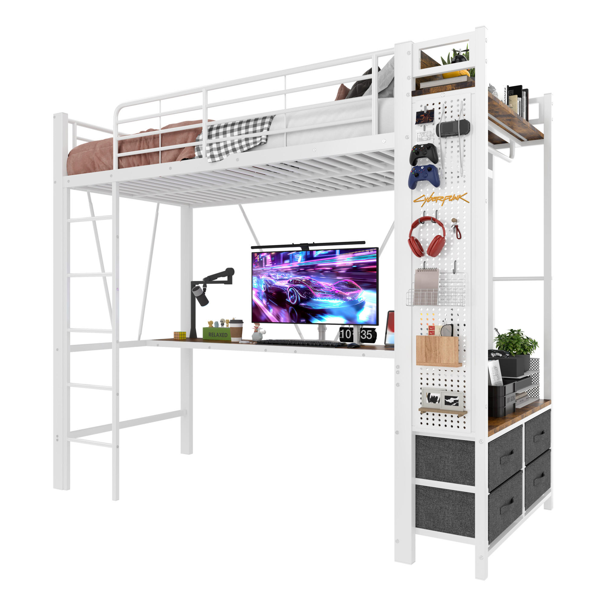 HOCHBETT 90/200 cm Weiß aus Metall mit Schreibtisch - Weiß, Metall (90/200cm) - OKMYHOME