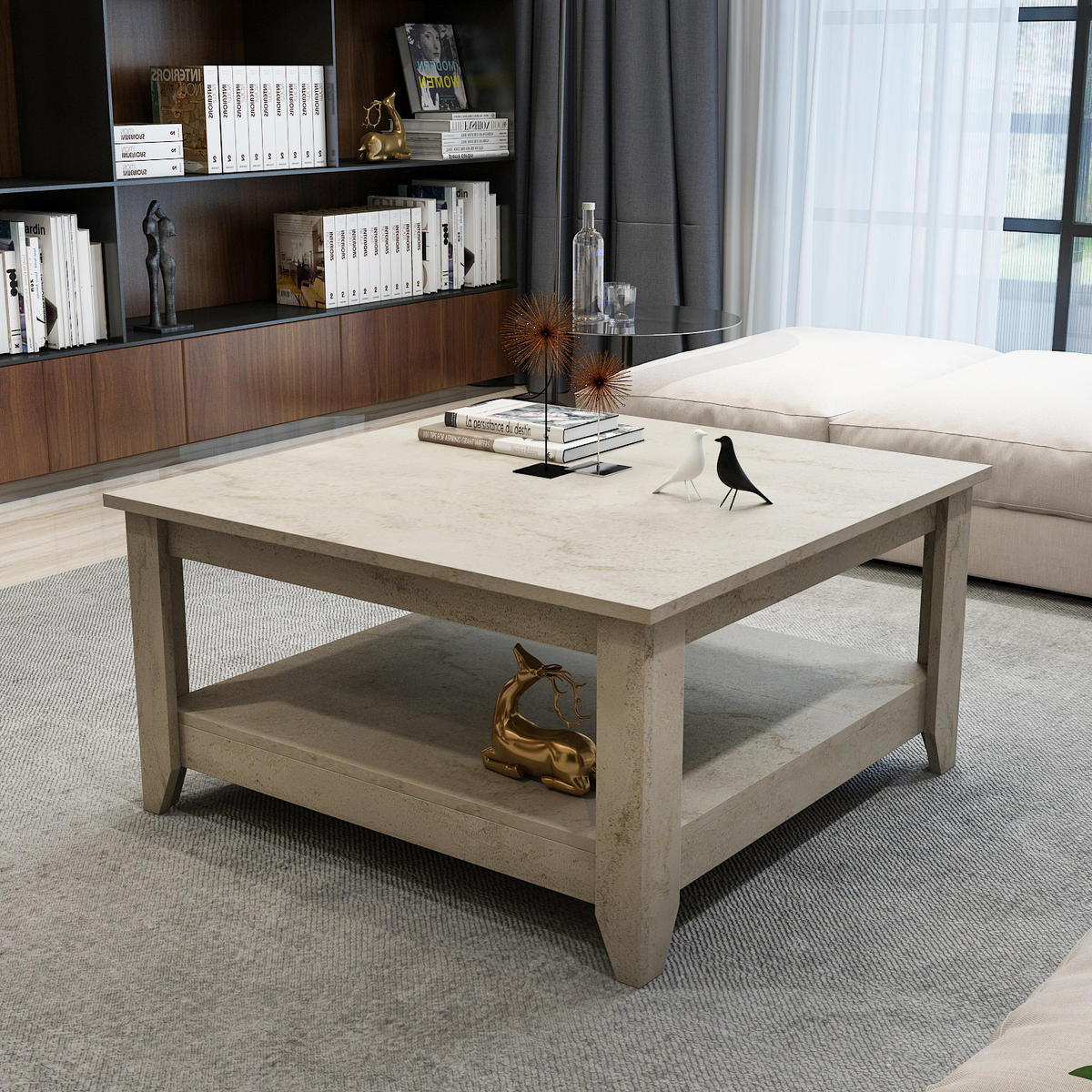 COUCHTISCH Lea Travertin - Creme, Holzwerkstoff (90/90/46.8cm) - Decorotika