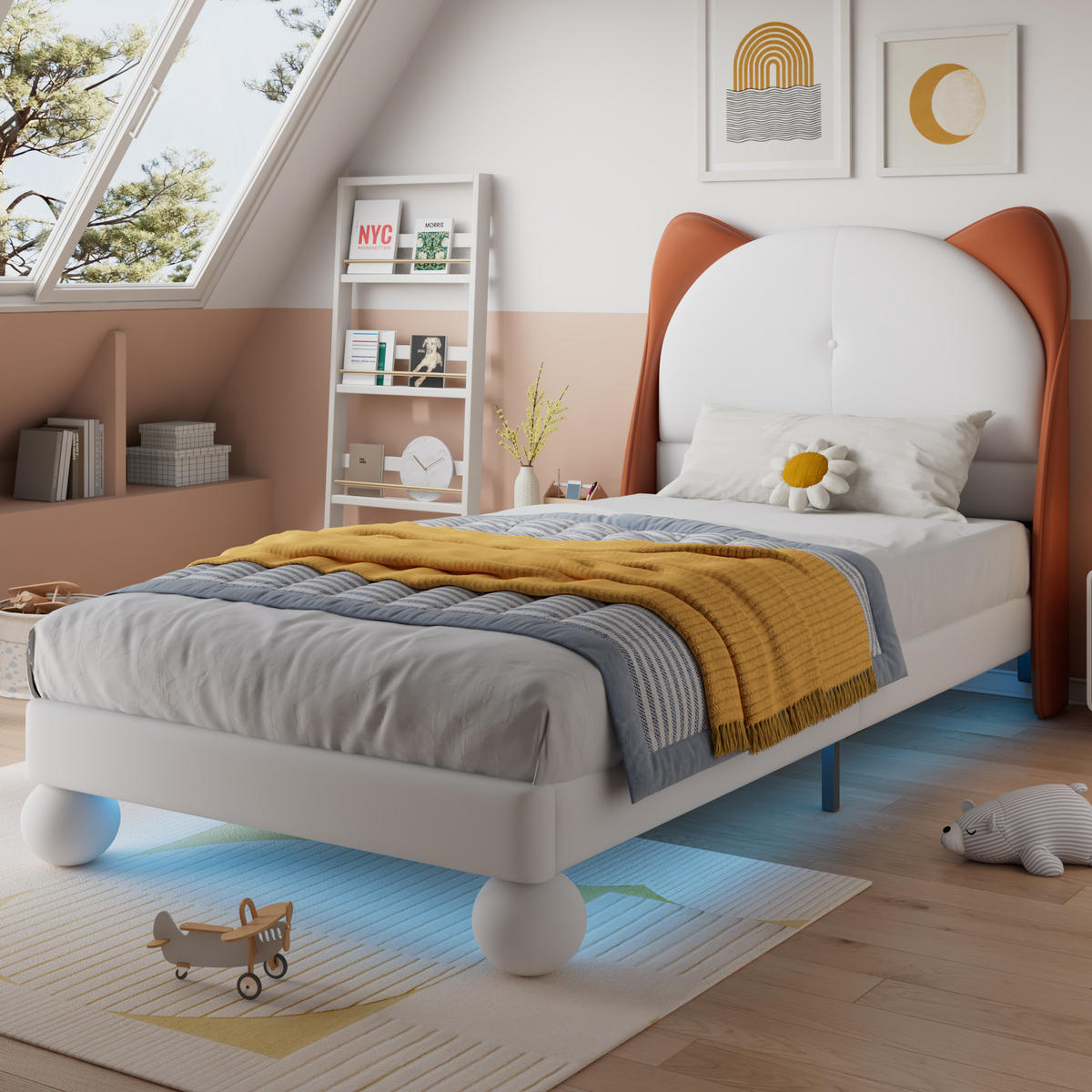 POLSTERBETT 90/200 cm Beige und Gelbbraun mit Katzenohren-Kopfteil und LED-Beleuchtung - Beige, Kunststoff (90/200cm) - OKWISH