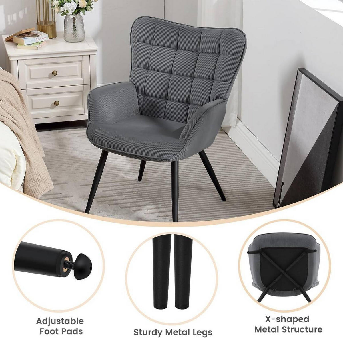 RELAXSESSEL mit Cordbezug , Metallbeine, Dunkelgrau - Dunkelgrau/Schwarz, Textil/Metall (63.5/87/68cm) - Woltu