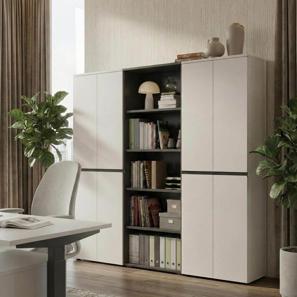 AKTENSCHRANK STUTTGART, 197 cm hoch, 5 Ordnerhöhen, Soft-Close Greige - Beige, Holzwerkstoff (81/197/40cm) - KADIMA DESIGN
