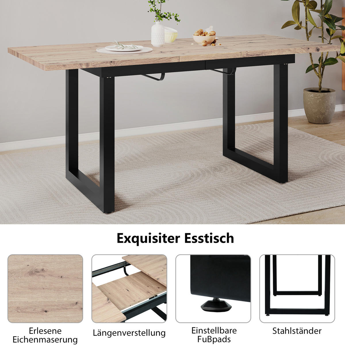 ESSTISCH 140/180/80/75 cm Schwarz/Natur aus MDF mit Ausziehfunktion - Eichefarben, Holzwerkstoff (180/80/75cm) - OKMYHOME