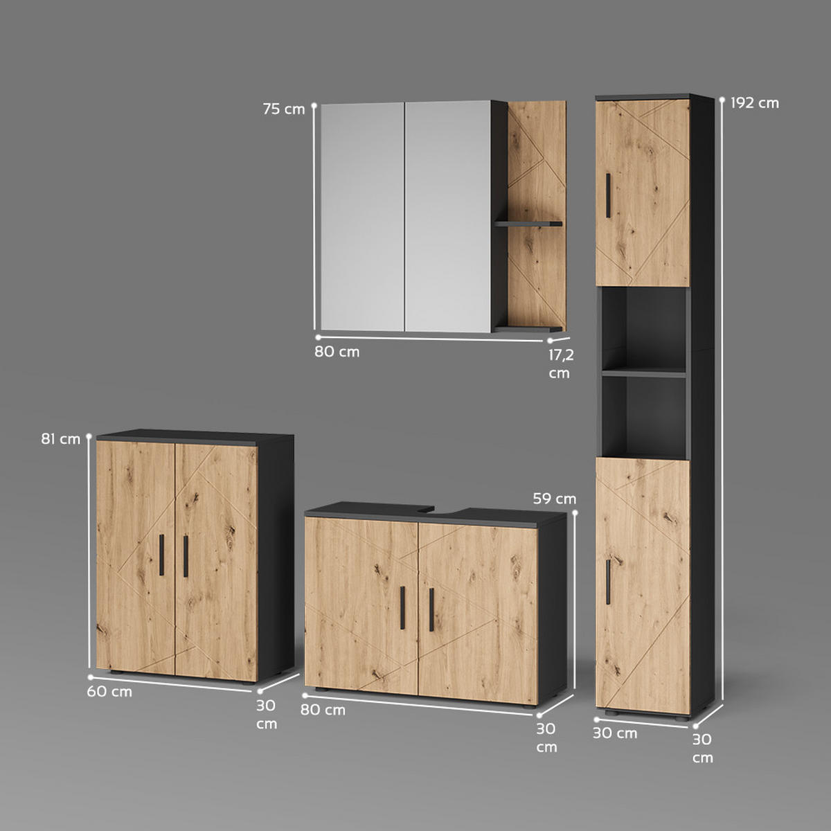 BADMÖBEL-SET Ronco, Anthrazit/Artisan-Eiche, 4-teilig - Anthrazit/Eiche Artisan, Holzwerkstoff (80/59/30cm) - Livinity®