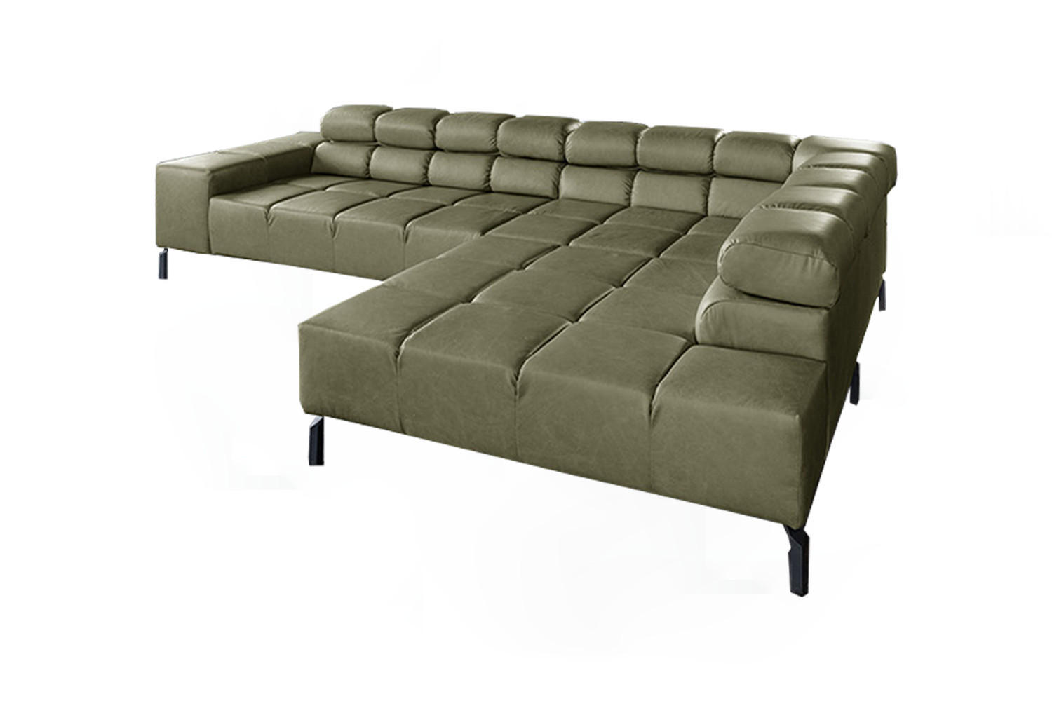 ECKSOFA NELSON Grün Leder - Schwarz/Olivgrün, Leder/Metall (321/216cm) - KAWOLA