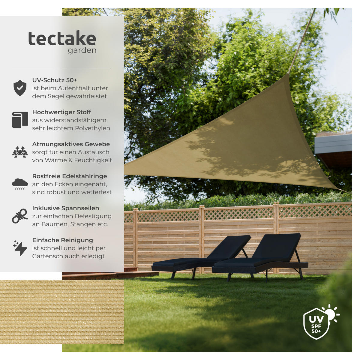 SONNENSEGEL , inklusive Spannseile, beige - Beige, Kunststoff (500/500cm) - tectake