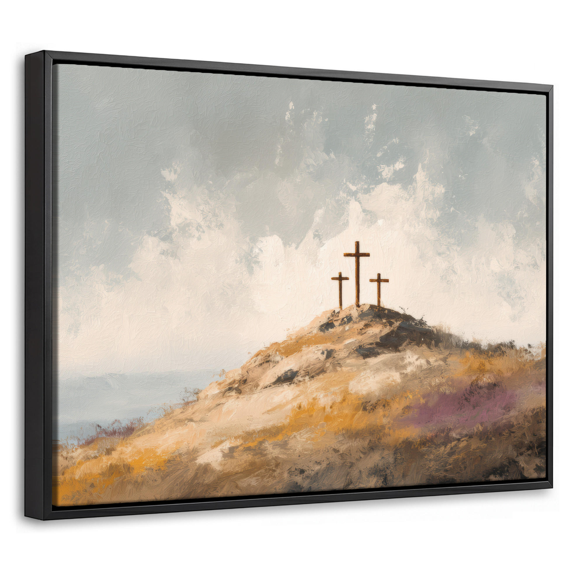 LEINWAND Bilder mit Rahmen - Hügel - Abstrakt - Christentum - Kreuz - 40x30 - Hellgrau, Textil (40/30cm) - MuchoWow