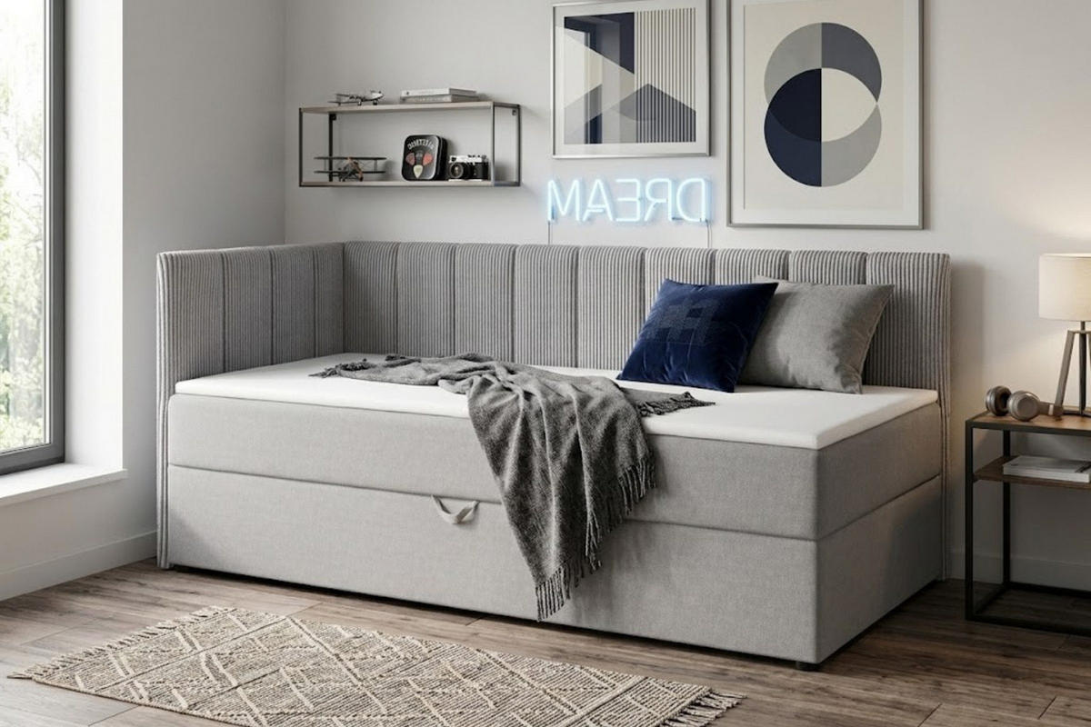BOXBETT VIGO 90/200 cm in Cord/Velours Hellgrau H4 links - Hellgrau, Holz/Holzwerkstoff (90/200cm) - Deine Möbel 24