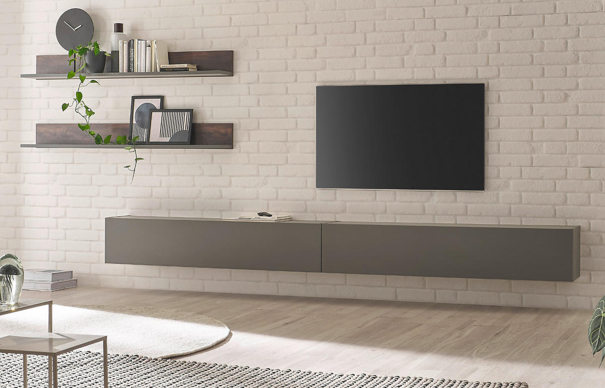 WOHNWAND Thermo Eiche, grau, Wohnkombination 3-teilig 304 x 170 cm - Eichefarben/Grau, Holzwerkstoff (304/170/30cm) - Furn.Design