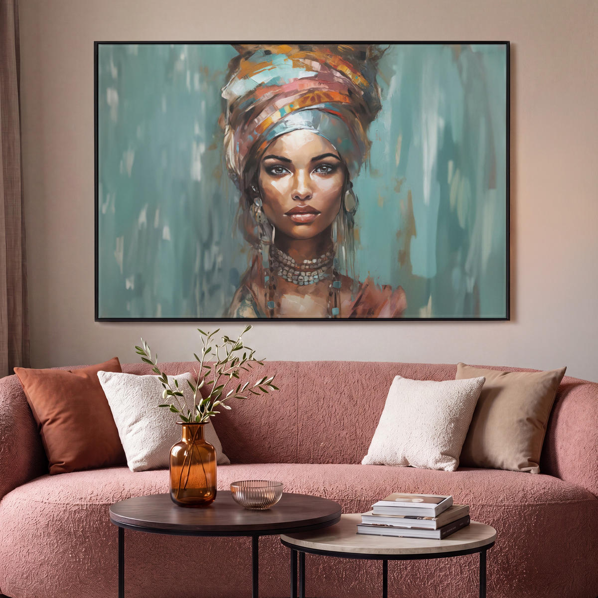 LEINWAND Bilder mit Rahmen - Frau - Kunst - Schmuck - Porträt - 150x100 - Blaugrau, Textil (150/100cm) - MuchoWow