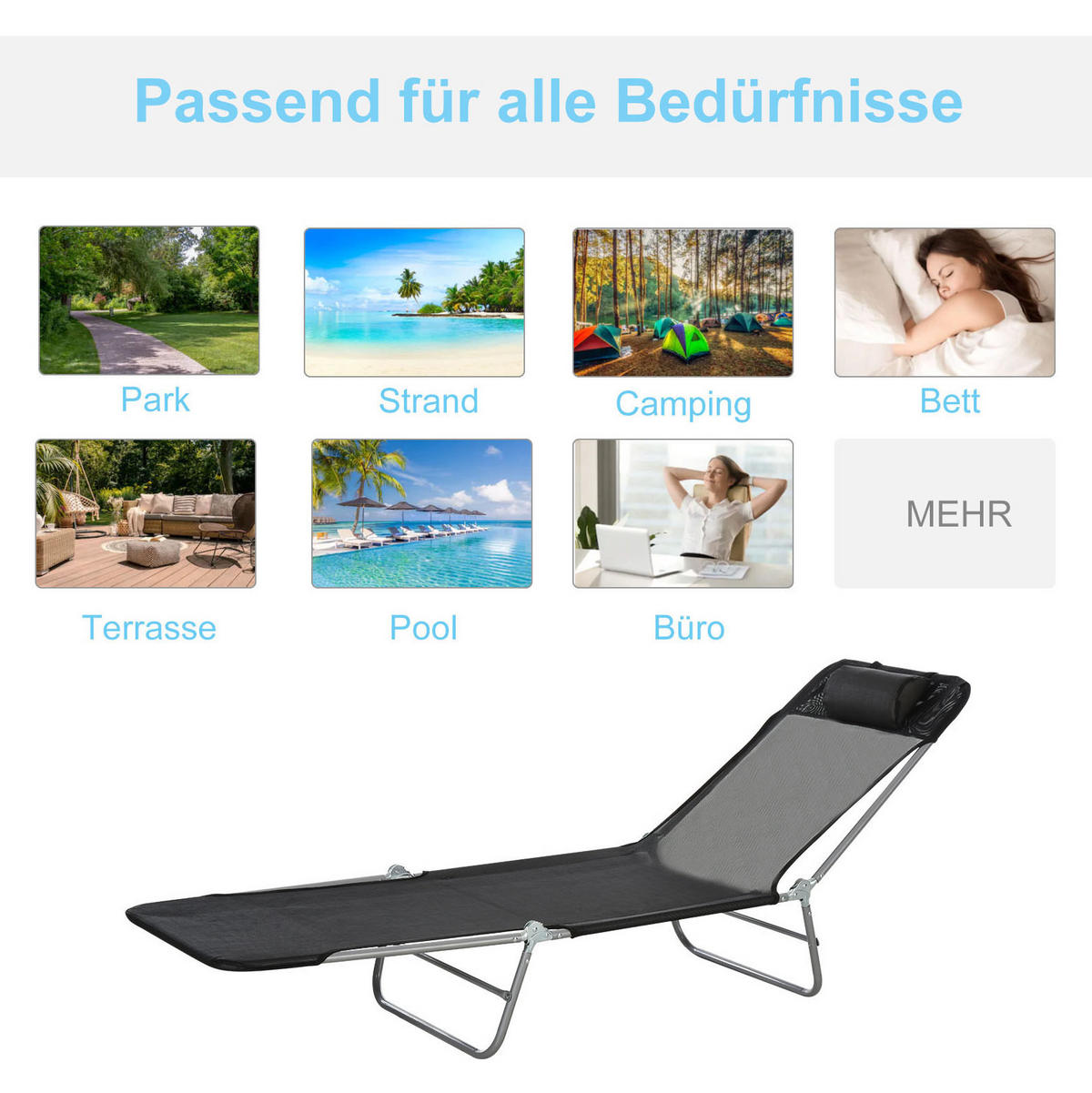 SONNENLIEGE aus Stahlrohr 182x56x24,5 cm in Schwarz mit verstellbarer Rückenlehne - Schwarz, Metall (56/24.5/182cm) - Modfu