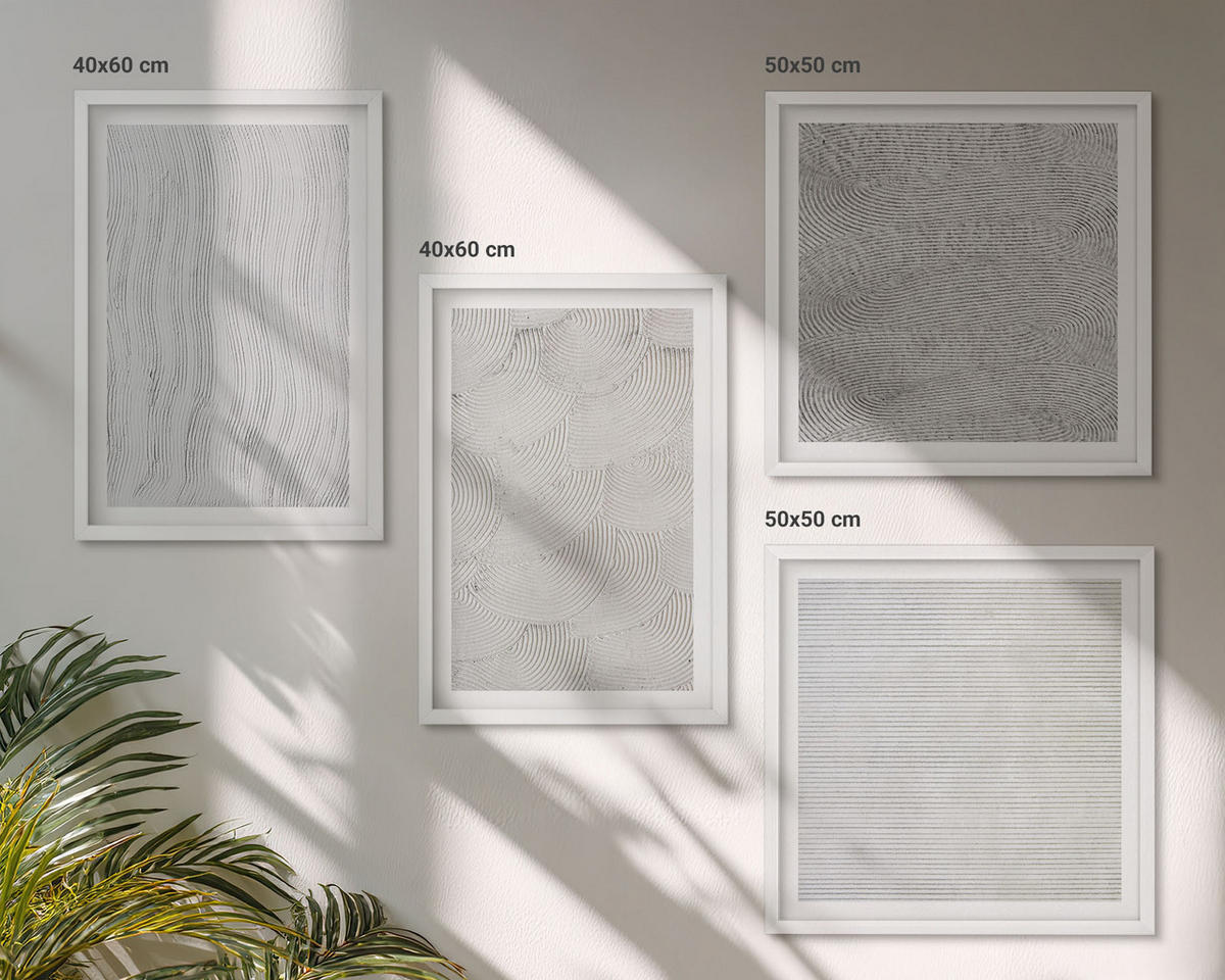 WANDBILDER 4er-Set - 50x50 cm & 40x60 cm Weißer Rahmen - Sandmuster geometrische Strukturen - Weiß, Kunststoff (50/50cm) - ArtPrintCave