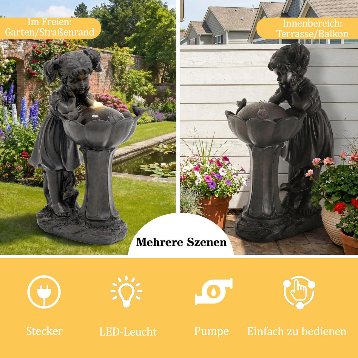 GARTENBRUNNEN LED Kupfer Mädchen Figur 65.5cm Außen Terrasse - Bronzefarben, Naturmaterialien (30/42/65.5cm) - FLIEKS