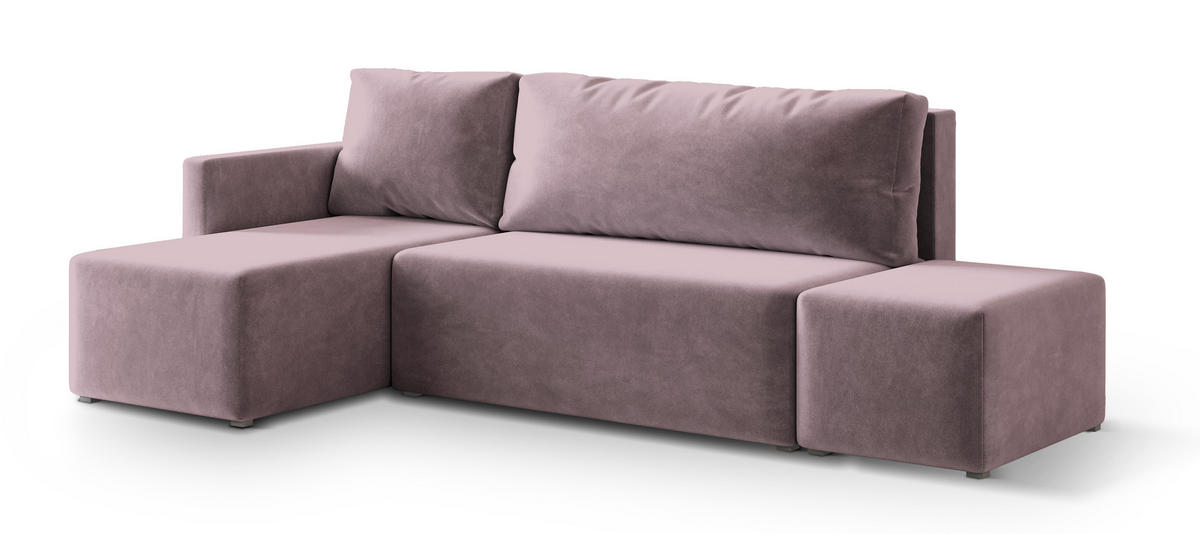 ECKSOFA VELOTTI L-S Rosa Plüsch-Stoff mit Schlaffunktion - Rosa, Holz (261/143cm) - MASSENO