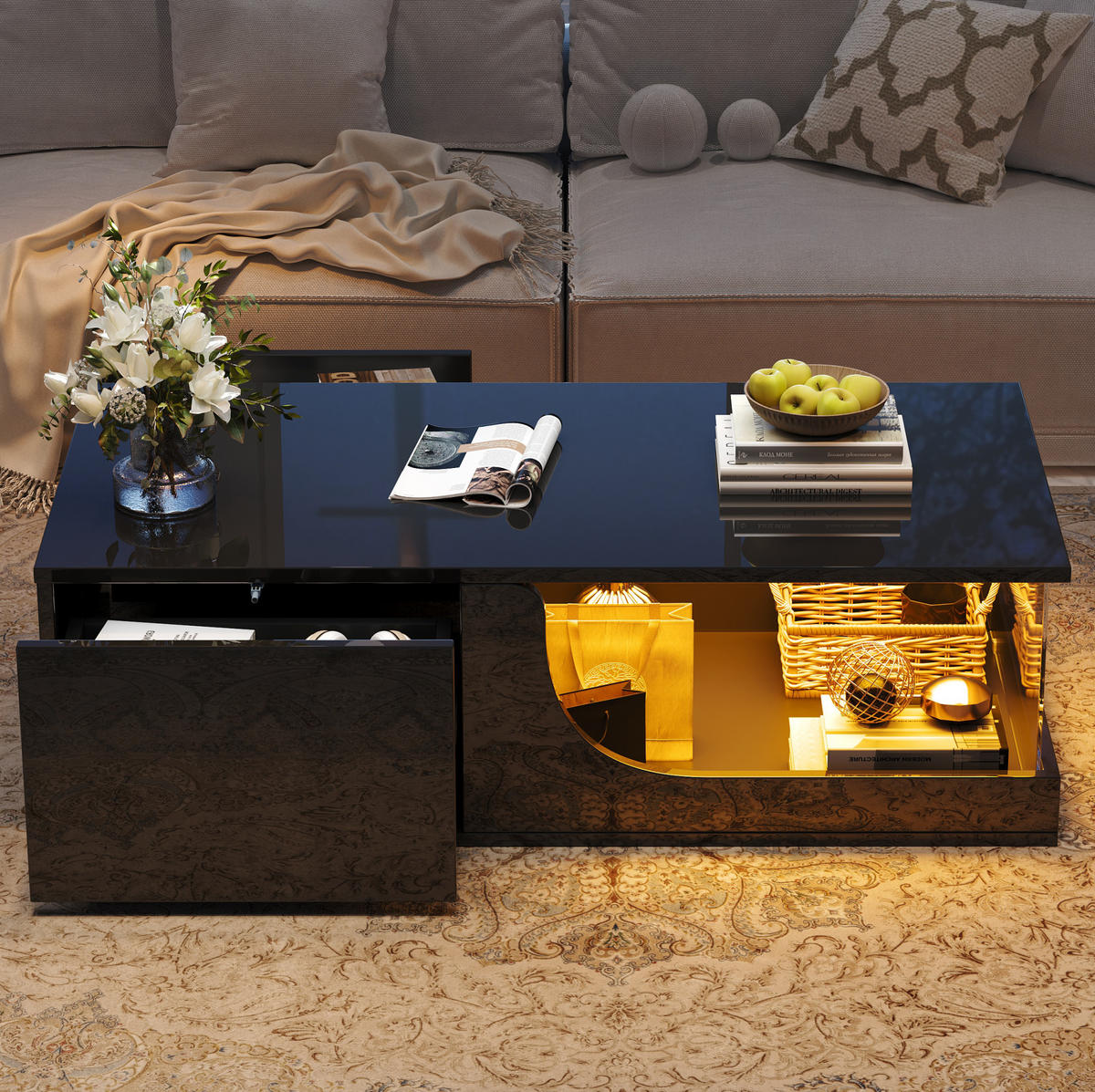 COUCHTISCH 100/50/30 cm mit 2 Schubladen, LED-Beleuchtung und Hartglas-Ablage, Schwarz - Schwarz, Holzwerkstoff (100/50/30cm) - Redom