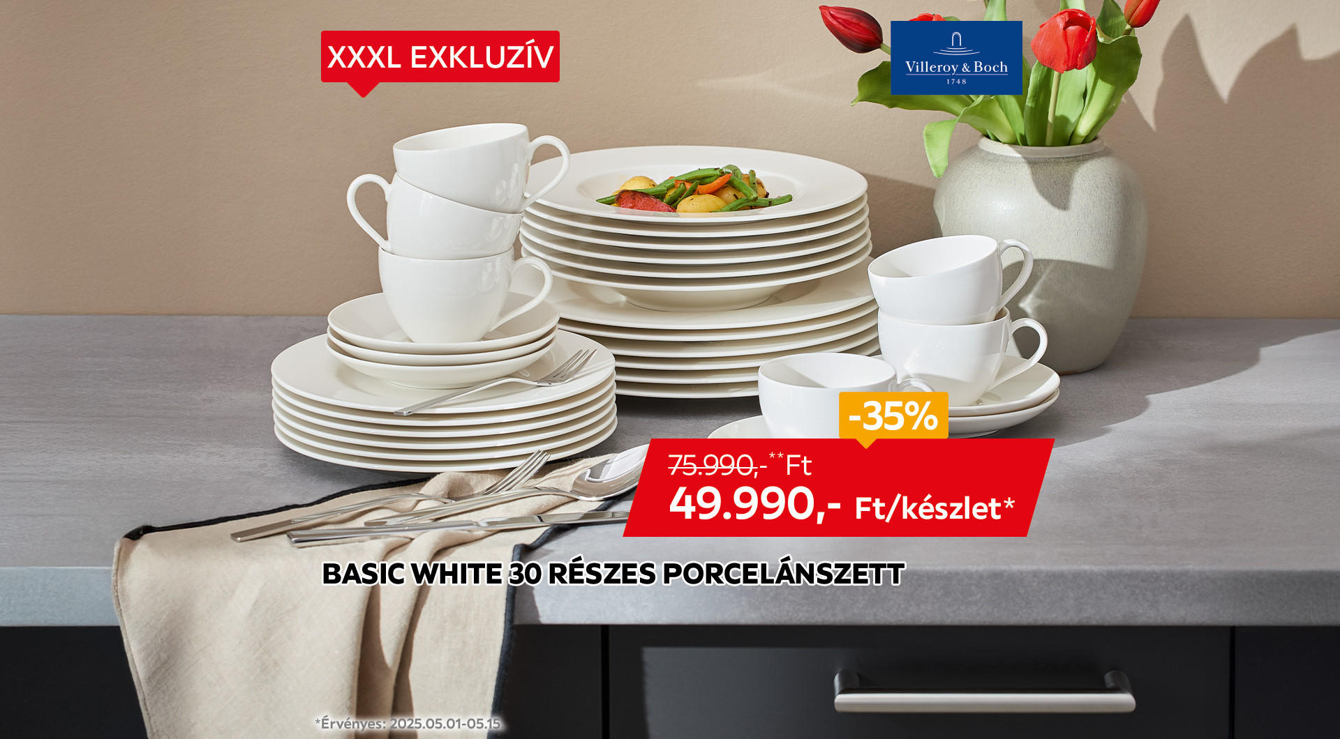 Alt text: 30 részes, fehér porcelán étkészlet 2025.05.01-15. között 35% kedvezménnyel 75.990 Ft helyett csak 49.990 Ft / készlet áron kapható áruházainkban és online! A vásárláshoz kattintson a „Tovább a termékhez” gombra.
