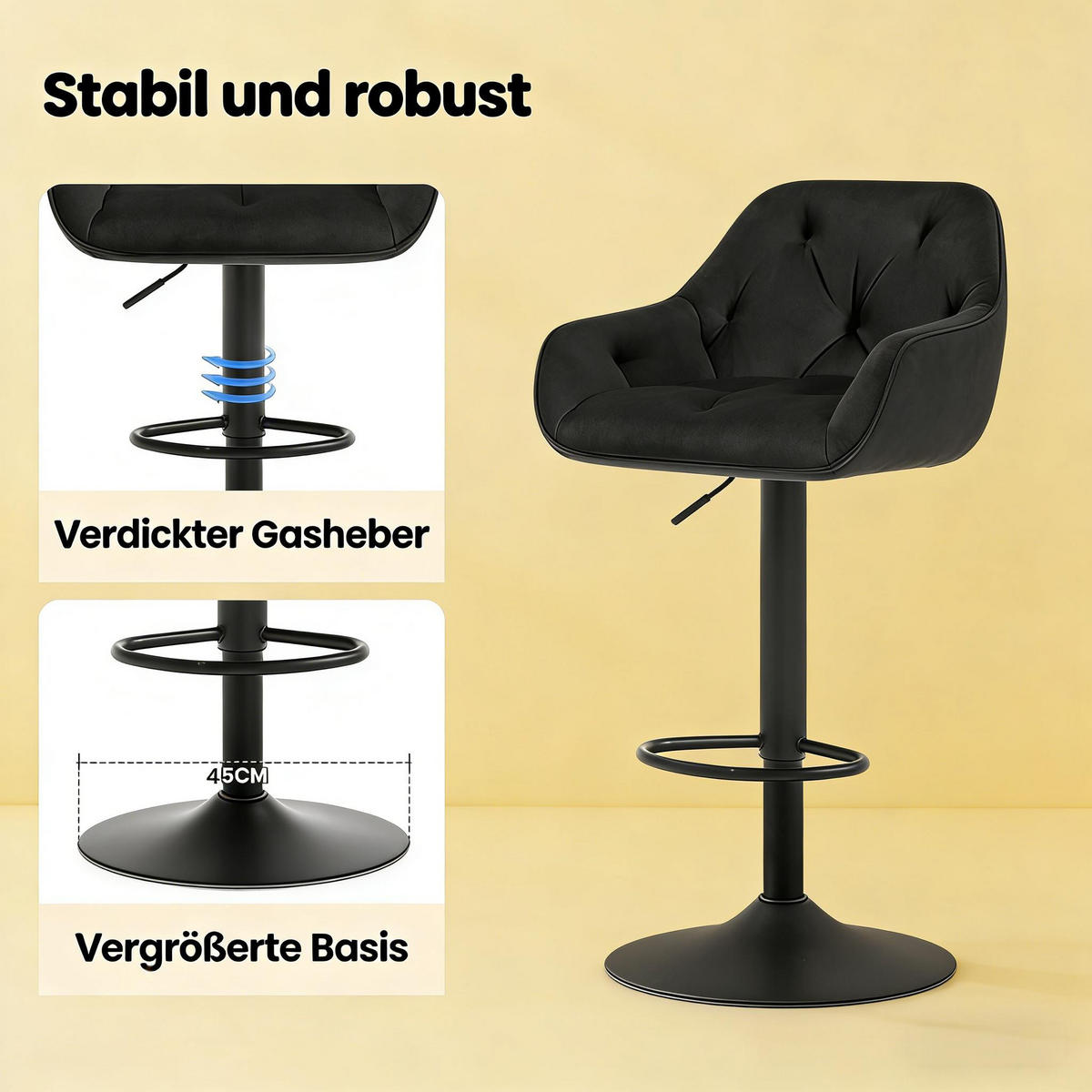 BARHOCKER 2er-Set Schwarz aus Samt höhenverstellbar & drehbar - Schwarz, Metall (37.5/108.5/37cm) - PANGIVO