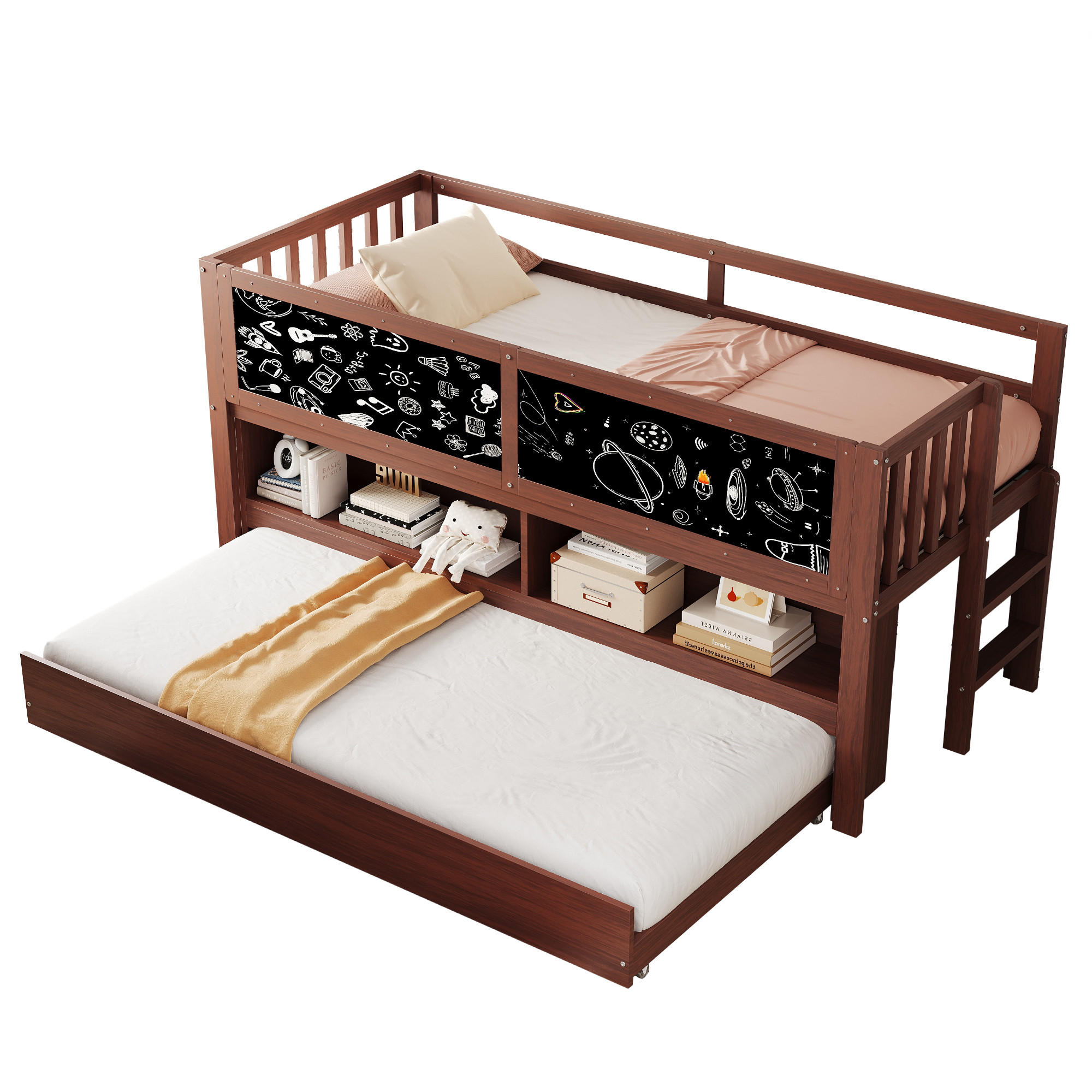 KINDERBETT 90/200 cm braun Multifunktionales Hochbett mit Kletterleiter und Graffiti-Tafel - Braun, Holz (90/200cm) - OKWISH