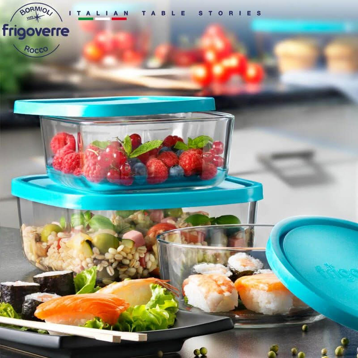 FRISCHE-TABLETT Lebensmittelbehälter Frigoverre Blau 22 x 22 x 8 cm / 3.3 Liter - Transparent, Glas (3.37L) - Bormioli Rocco