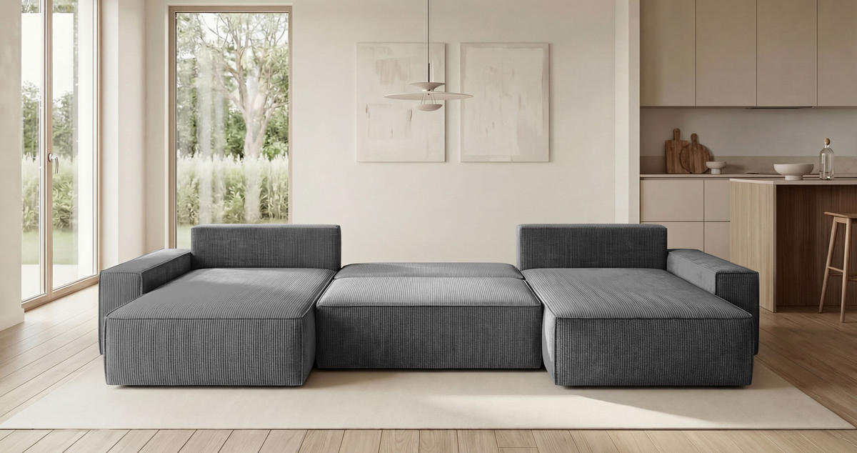 ROHOVÁ pohovka CALIFORNIA tvar U tmavě šedá manšestr POSO 60 - funkce spaní, úložný prostor - antracitová, textil (385/185cm) - Cornero