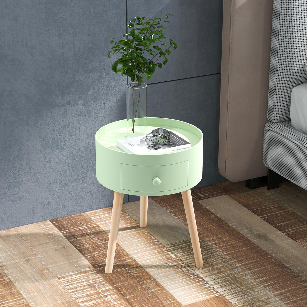 BEISTELLTISCH DE-15749 rund mit Schublade Grün - Grün, Holzwerkstoff (38/38/45cm) - ComfortXL