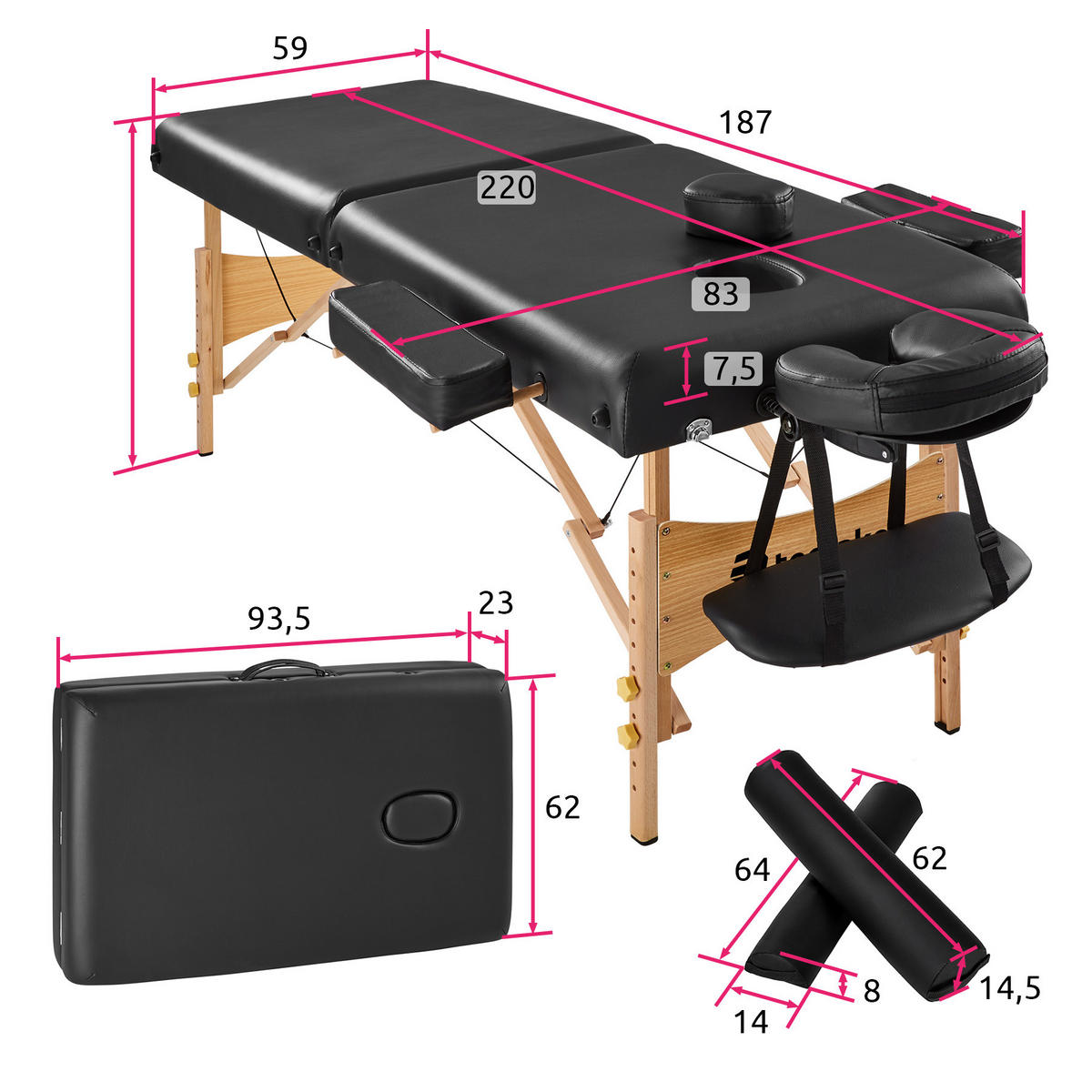 MASSAGELIEGE 2 Zonen, 220 x 83 x 87,5 cm,schwarz - Schwarz, Holz (59/65.5/187cm) - tectake