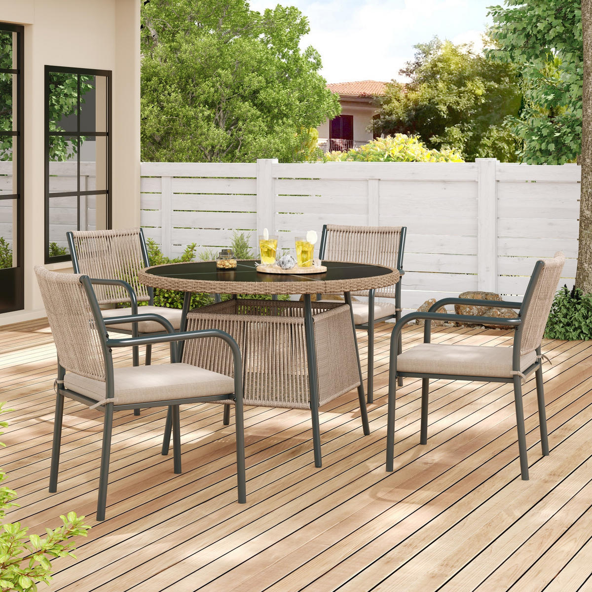 GARTENSET Rattan Tisch 4 Stühle Glas - Grau, Glas - LEBENLANG