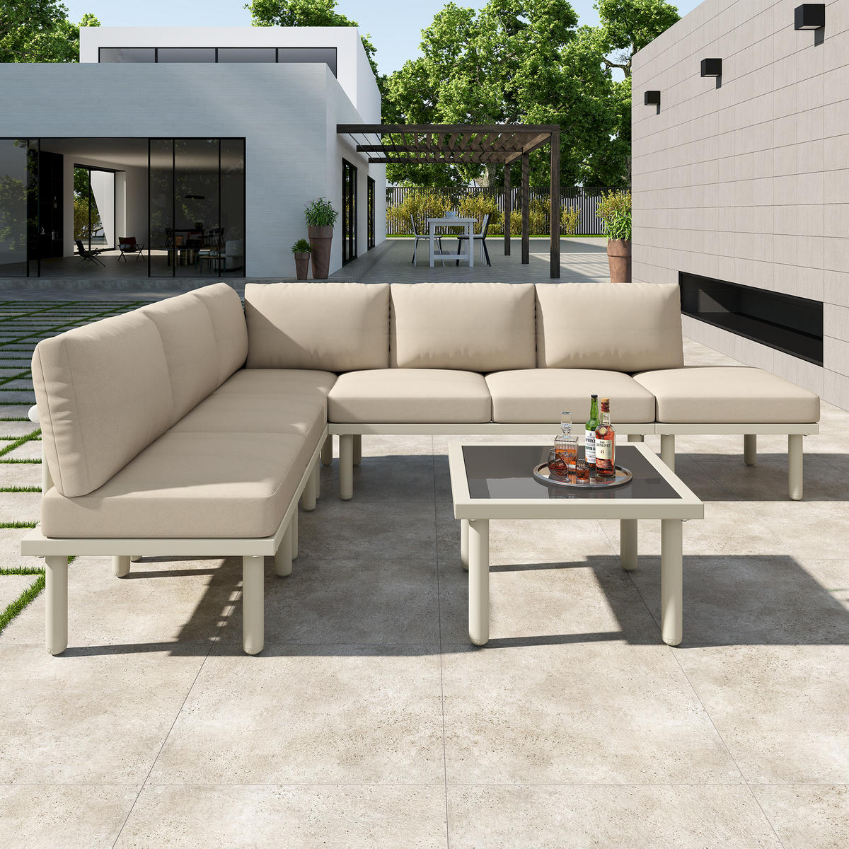 GARTENLOUNGE-SET 6er-Set Gartenmöbel Set Outdoor Sitzgruppe mit Sofa und Glas Tisch - Beige/Schwarz, Textil/Metall - STILVORA