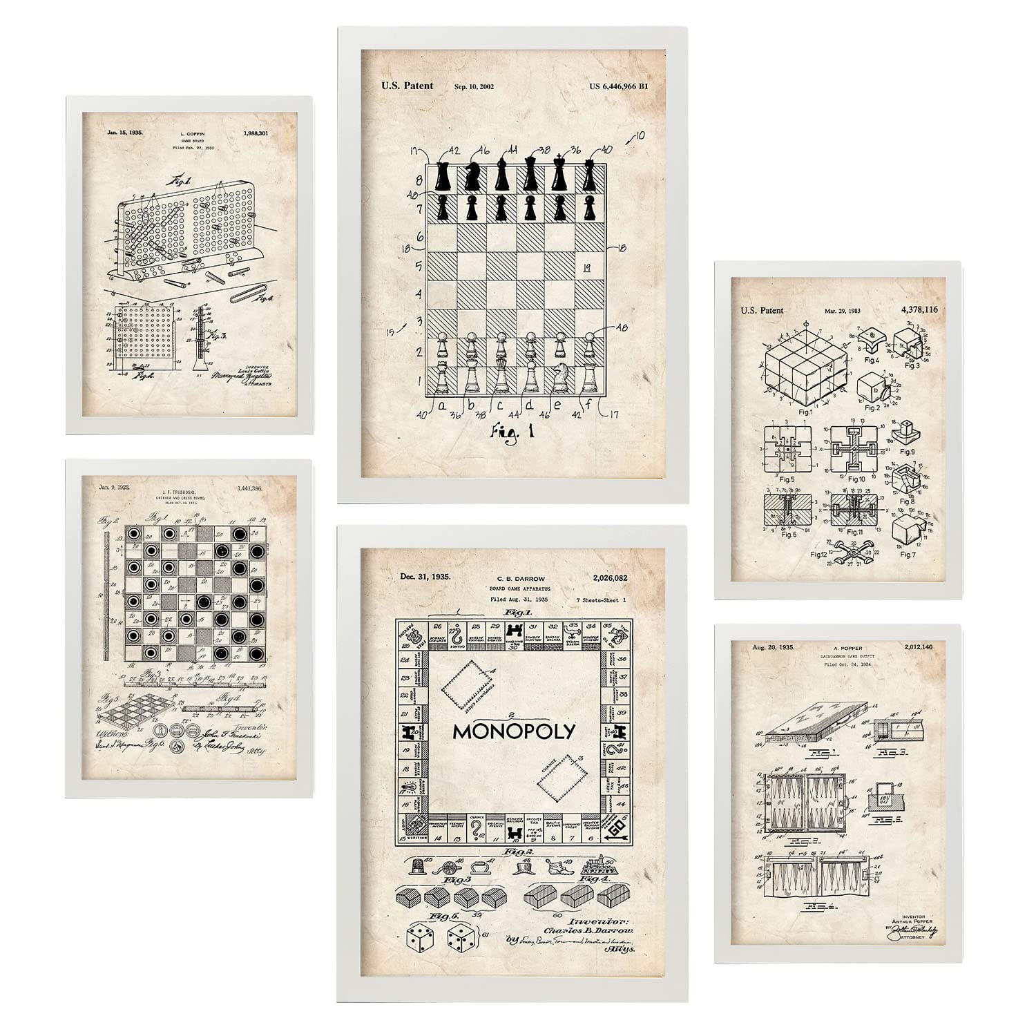 POSTER Set Mit 6 Plakaten Mit Brettspiel Patenten Im Vintage Stil A3 & A4 Weißer Rahmen - Weiß, Papier (29/3cm) - Nacnic