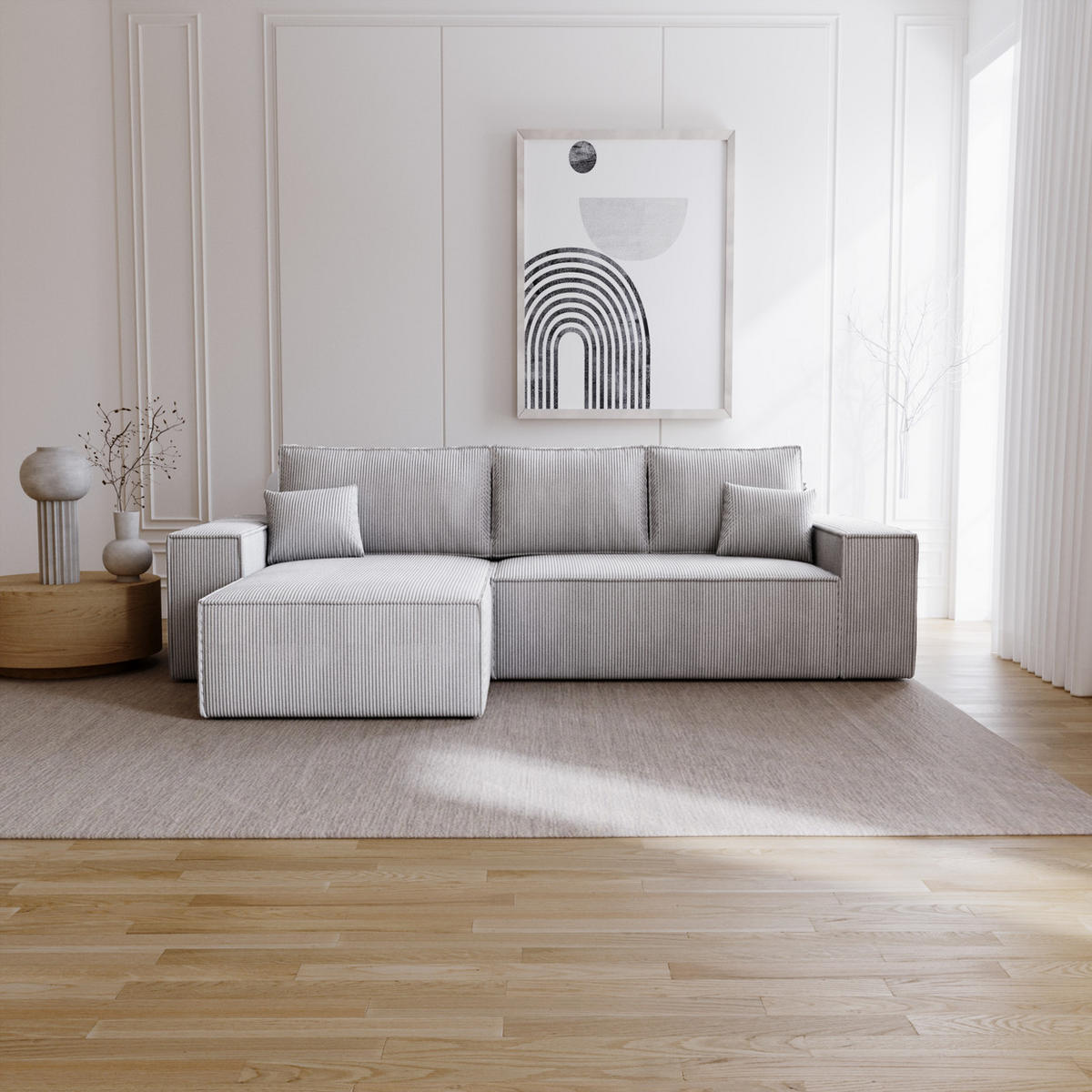 ECKSOFA Bergamo L mit Cordstoff, 280 cm, Schlaffunktion, Links - Hellgrau - Hellgrau, Holz (277/189cm) - Emporius