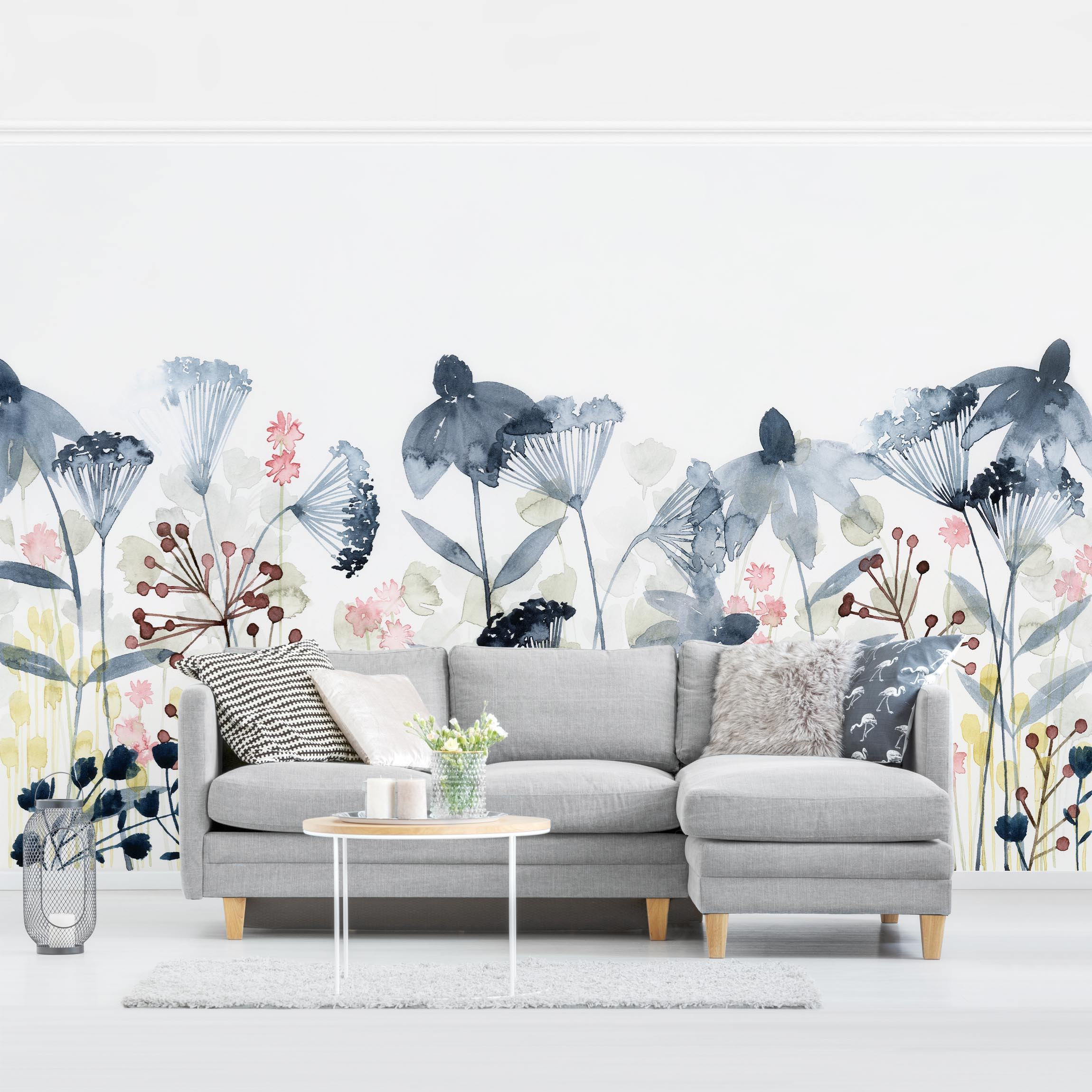 FOTOTAPETE Wildblumen Aquarell I 288/190 cm - Weiß, Papier (288/190cm) - Bilderwelten