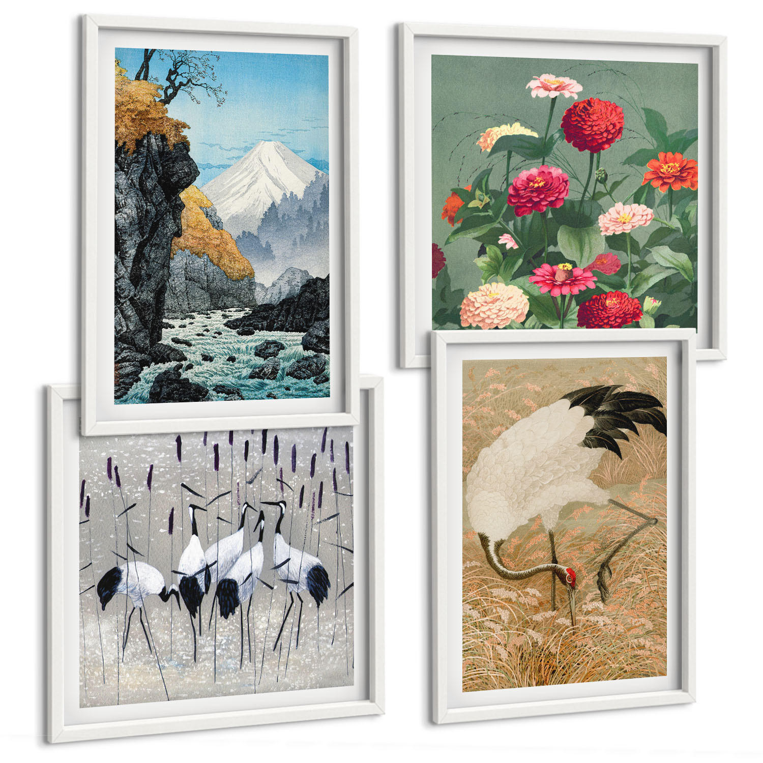 BILDER SET 4er Set - 50x50 cm & 40x60 cm Weißer Rahmen - Berge, Fluss, Blumen, Kraniche - Weiß, Kunststoff (50/50cm) - TULUP