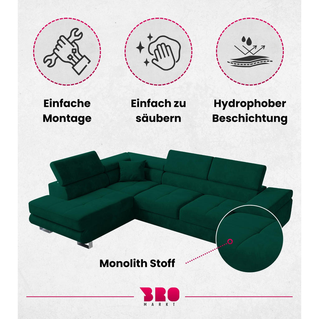 Thumbnail - Bromarkt Ecksofa, Grün, Textil, 4-Sitzer, L-Form,L-Form, 275x142 cm, Wohnzimmer, Sofas & Couches, Wohnlandschaften, Ecks...