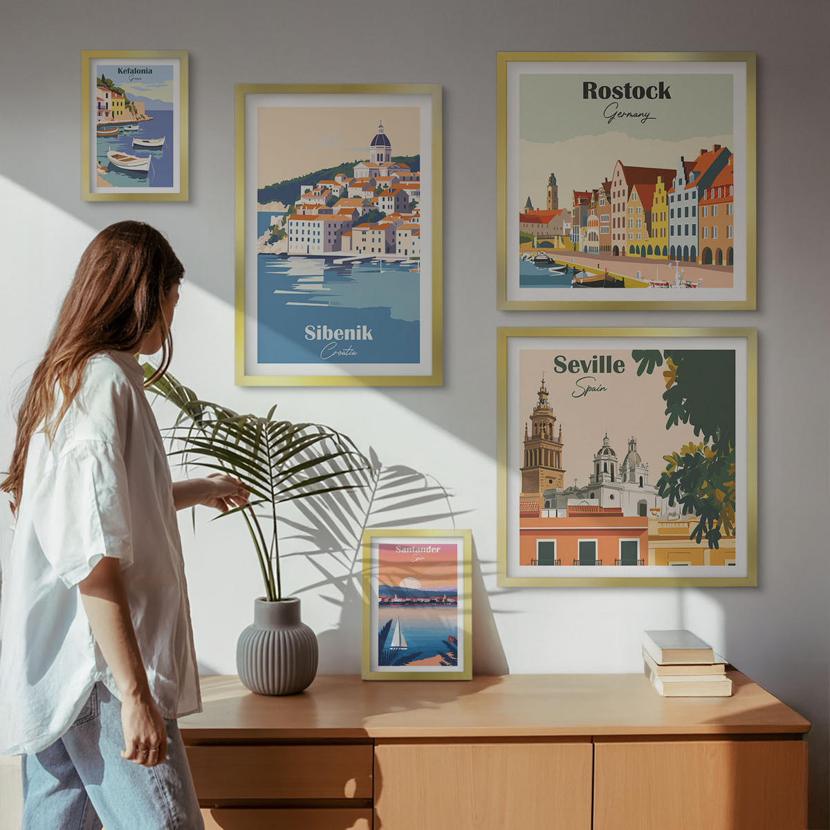 WANDBILDER 5er Set - 50x50 cm & 20x30 cm & 40x60 cm Goldrahmen - Berglandschaften und Städte - Goldfarben, Kunststoff (40/60cm) - ArtPrintCave