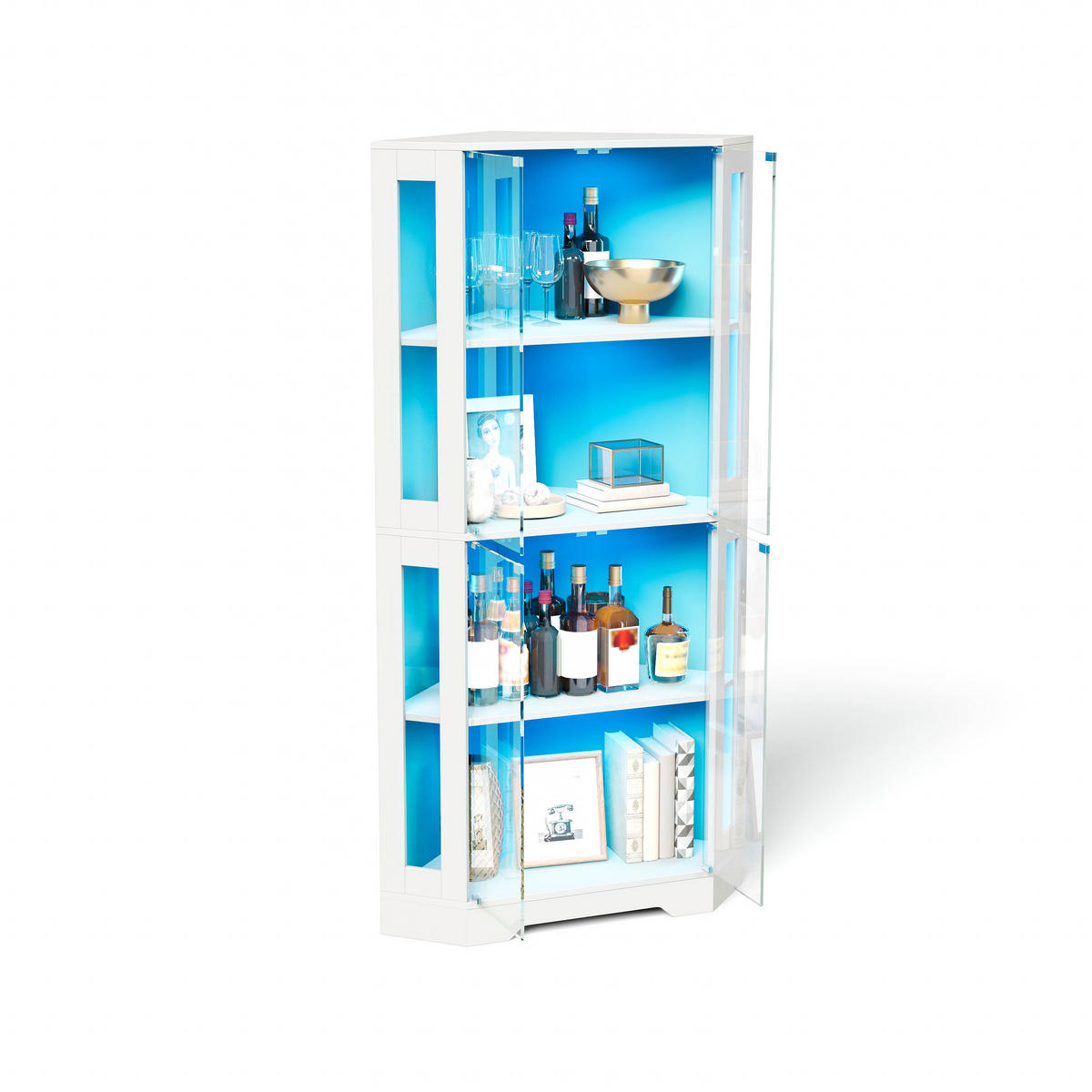 GESCHIRRSCHRANK 165 cm MDF Weiß mit RGB-LED, Glastüren und Weinregal - Weiß, Holzwerkstoff (40/165/40cm) - Korfee