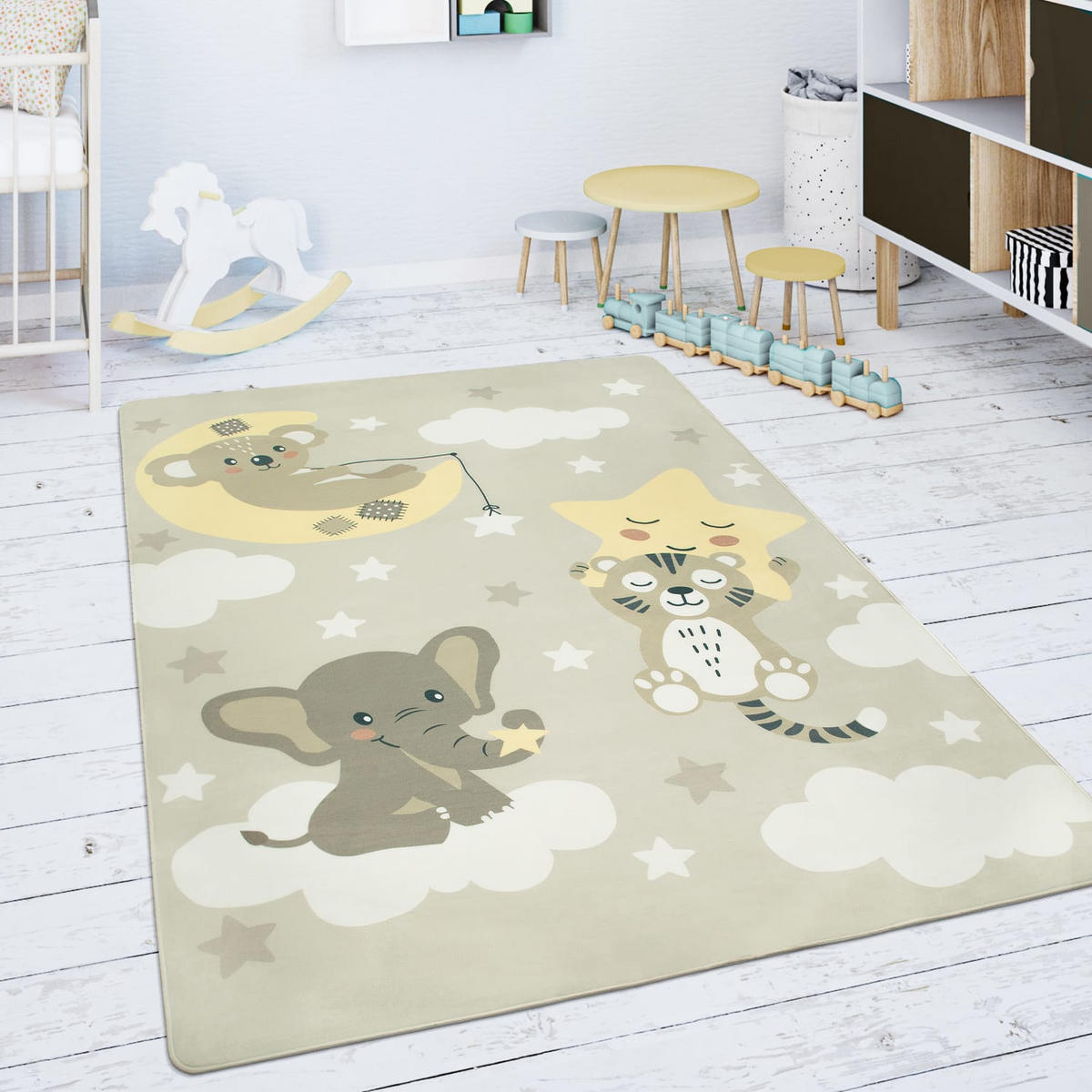 KINDERTEPPICH waschmaschinenwaschbar Tiere auf Wolken Kinderzimmer schmutzabweisend Beige Rechteckig 155x230 - Beige, Textil (155/230cm) - KADIMA DESIGN