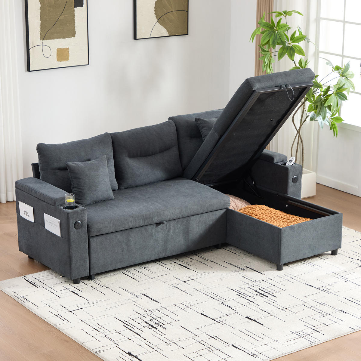 ECKSCHLAFSOFA 3-Sitzer Leinen mit USB-Anschluss und Stauraum Dunkelgrau 212,5/136/86 cm - Dunkelgrau, Textil (136/212.5cm) - Redom