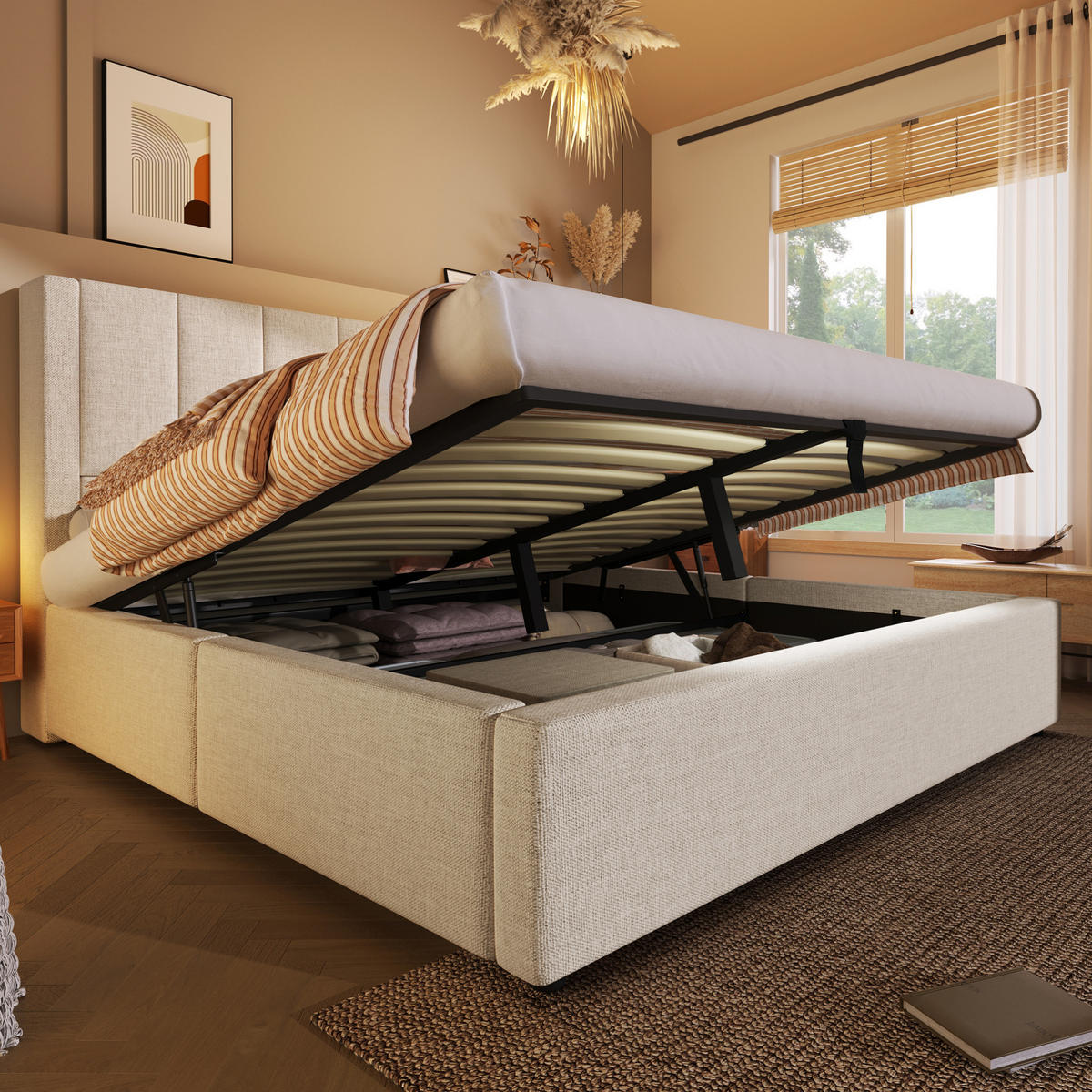 POLSTERBETT mit Stauraum & Ladestation 140x200 cm Leinen Beige inkl. Matratze - Beige, Metall (140/200cm) - Meubliv