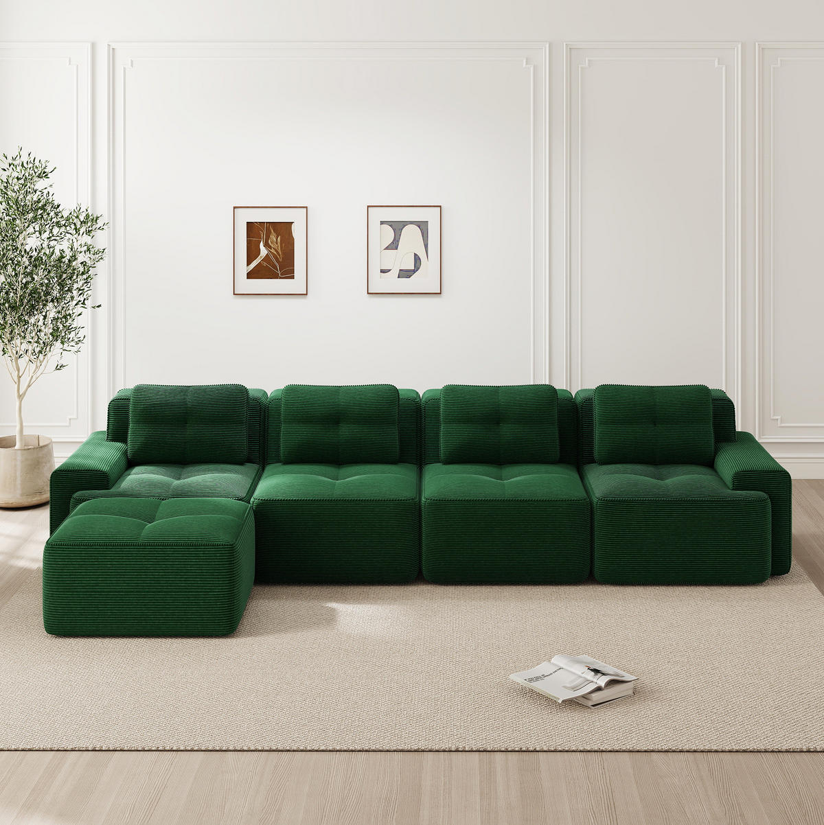 SOFA modular 4-Sitzer mit Chaiselongue Cord Grün - Grün, Kunststoff (177/382cm) - Meubliv