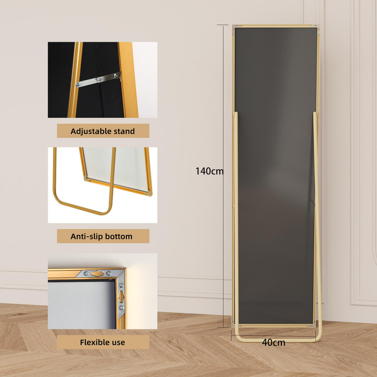 STANDSPIEGEL 140x40 cm Metallrahmen rechteckig gold - Goldfarben, Holz (40/140/3cm) - LEBENLANG
