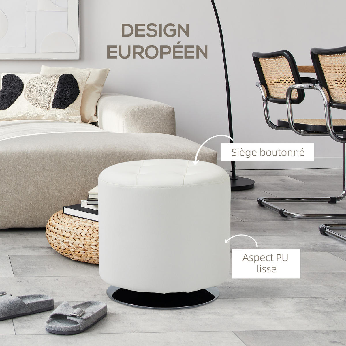 HOCKER DE-16452 360° drehbar mit PU-Polster Weiß - Weiß, Leder (45.5/44.5/45.5cm) - ComfortXL