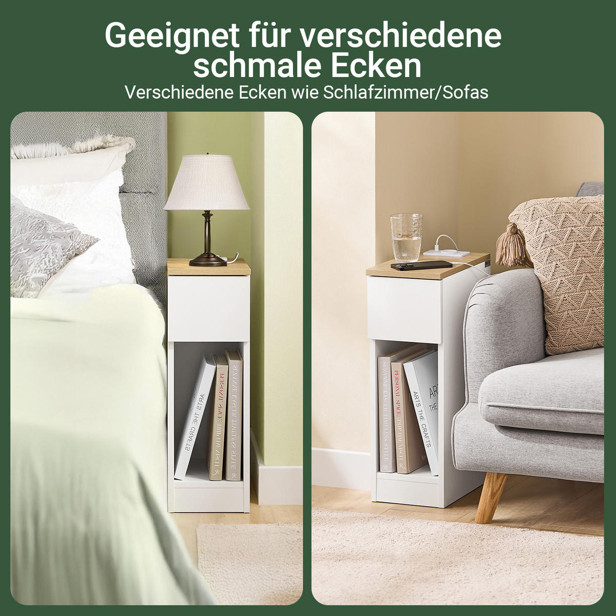 NACHTTISCH 2er Set mit Steckdose, Beistelltisch Weiß 20x35x60 cm, USB-A & Type-C, Schlafzimmer/Wohnzimmer - Weiß, Holzwerkstoff (20/60/35cm) - SoBuy