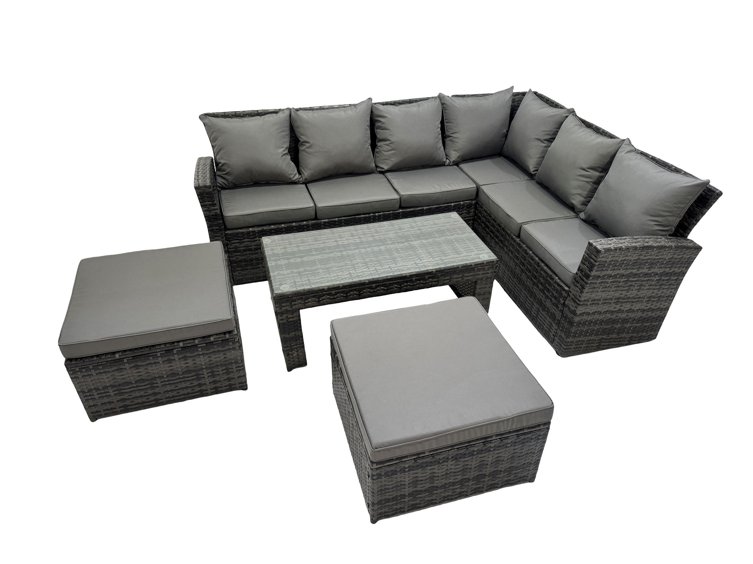 LOUNGEGARNITUR mit Couchtisch Sofa Polyrattan Dunkelgrau 8-Sitzer - Dunkelgrau/Grau, Glas/Kunststoff - Fimous