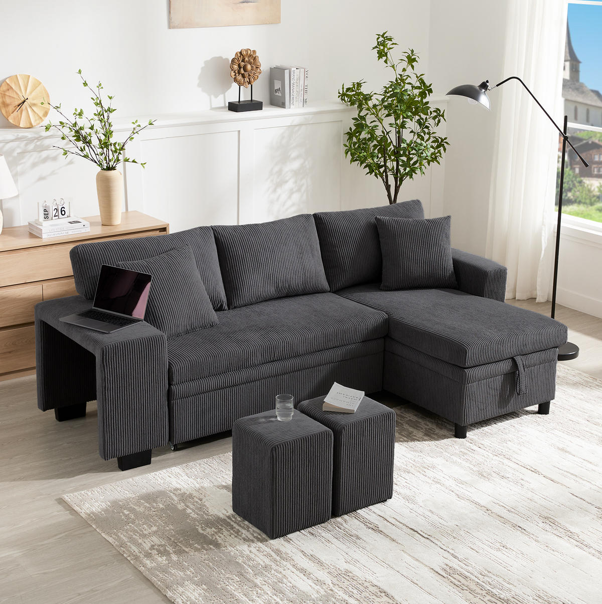 ECKSCHLAFSOFA Ecksofa Cord mit USB-Anschluss Stauraum und Ablagen Grau 231/131,5/84 cm - Grau, Textil (84/131.5cm) - Redom