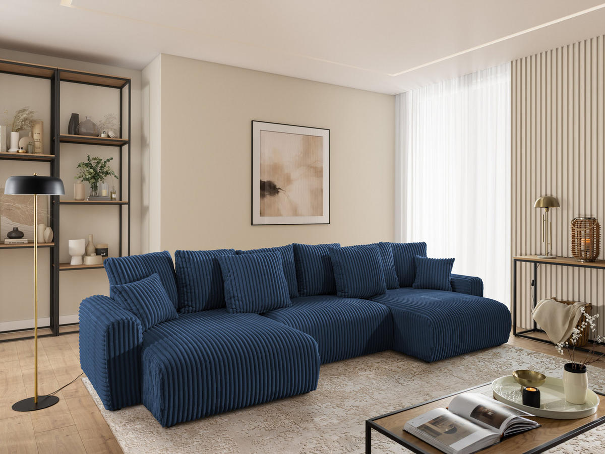 WOHNLANDSCHAFT Calma mit Schlaffunktion und Bettkasten im Bumpy-Design aus weichem Marineblau Plüschcord - Blau/Beige, Holz/Textil (336/88/140cm) - S-Style