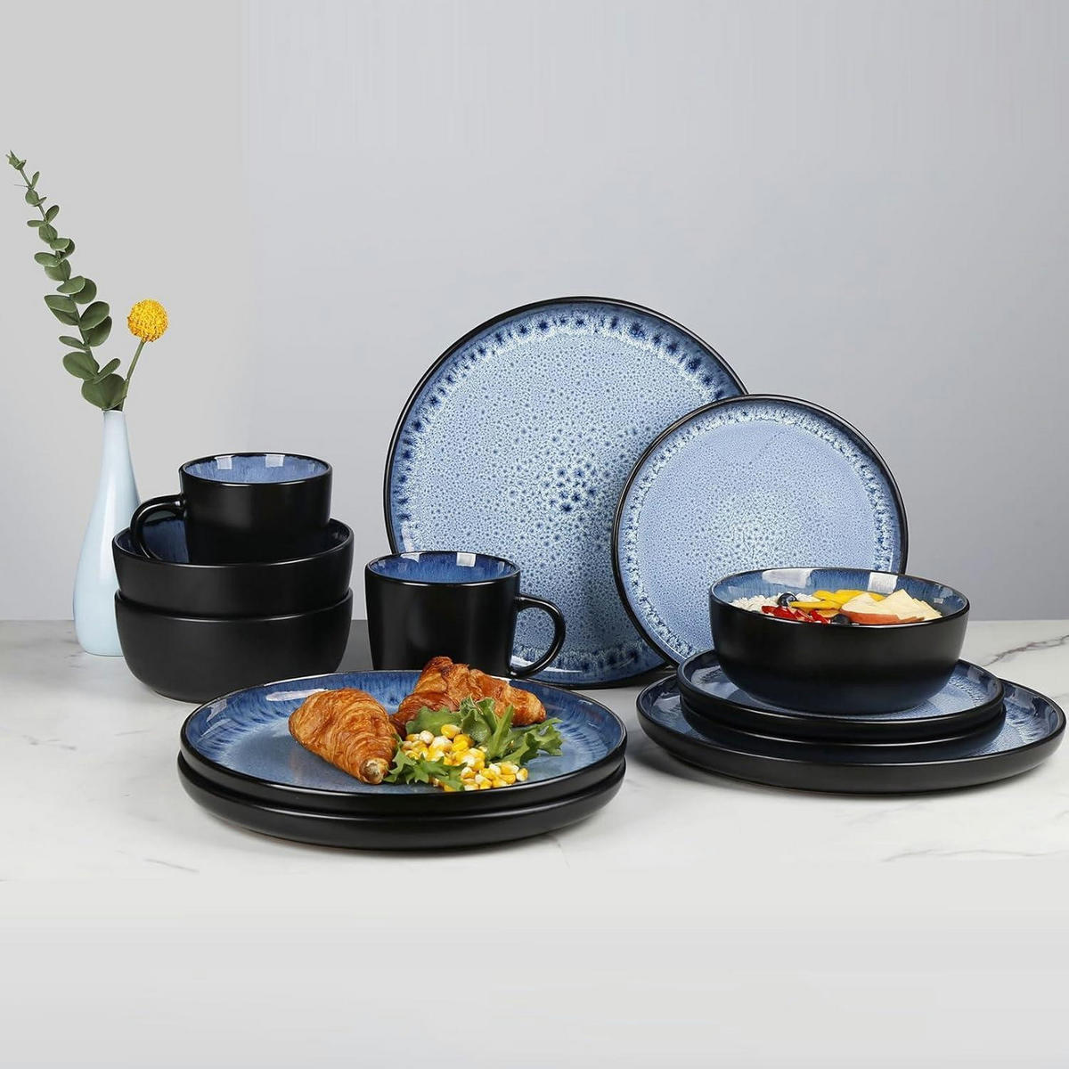 GESCHIRRSET 16-teilig Steingut für 4 Personen - Blau, Keramik (26.6/6.9/26.6cm)