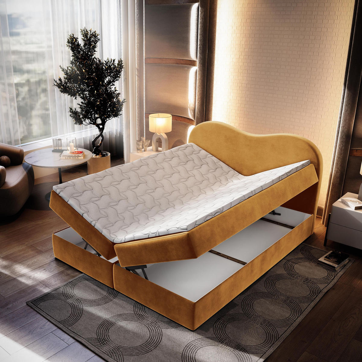 BOXBETT FLUVIA M 180x200 cm mit Matratze und Topper - Gelb - Gelb, Holz (180/200cm) - MASSENO