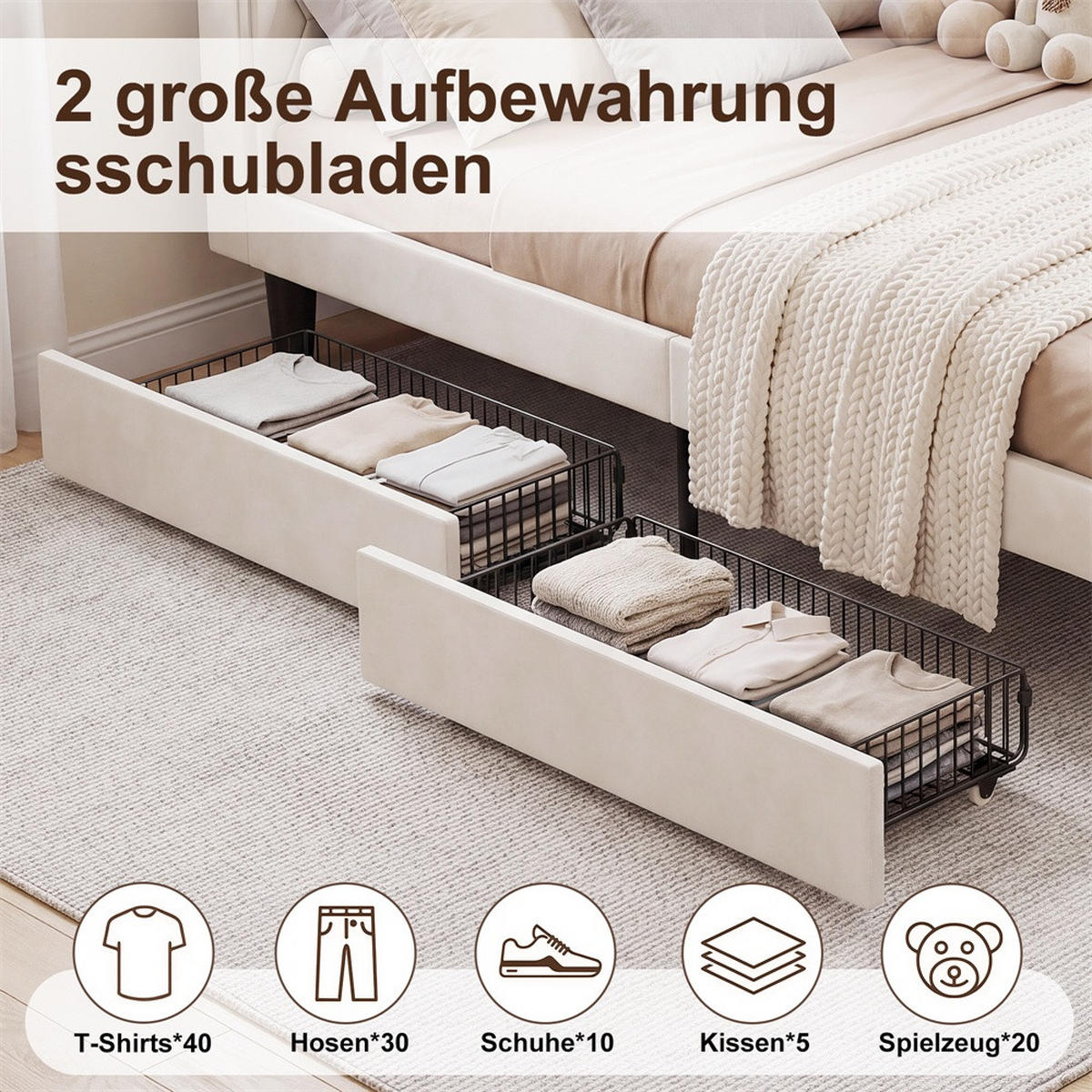 POLSTERBETT 90x200 cm mit Kopfteil-Stauraum - 2 Schubladen - USB Type-C & LED - ohne Matratze - Beige - Beige, Textil (90/200cm) - DELFA