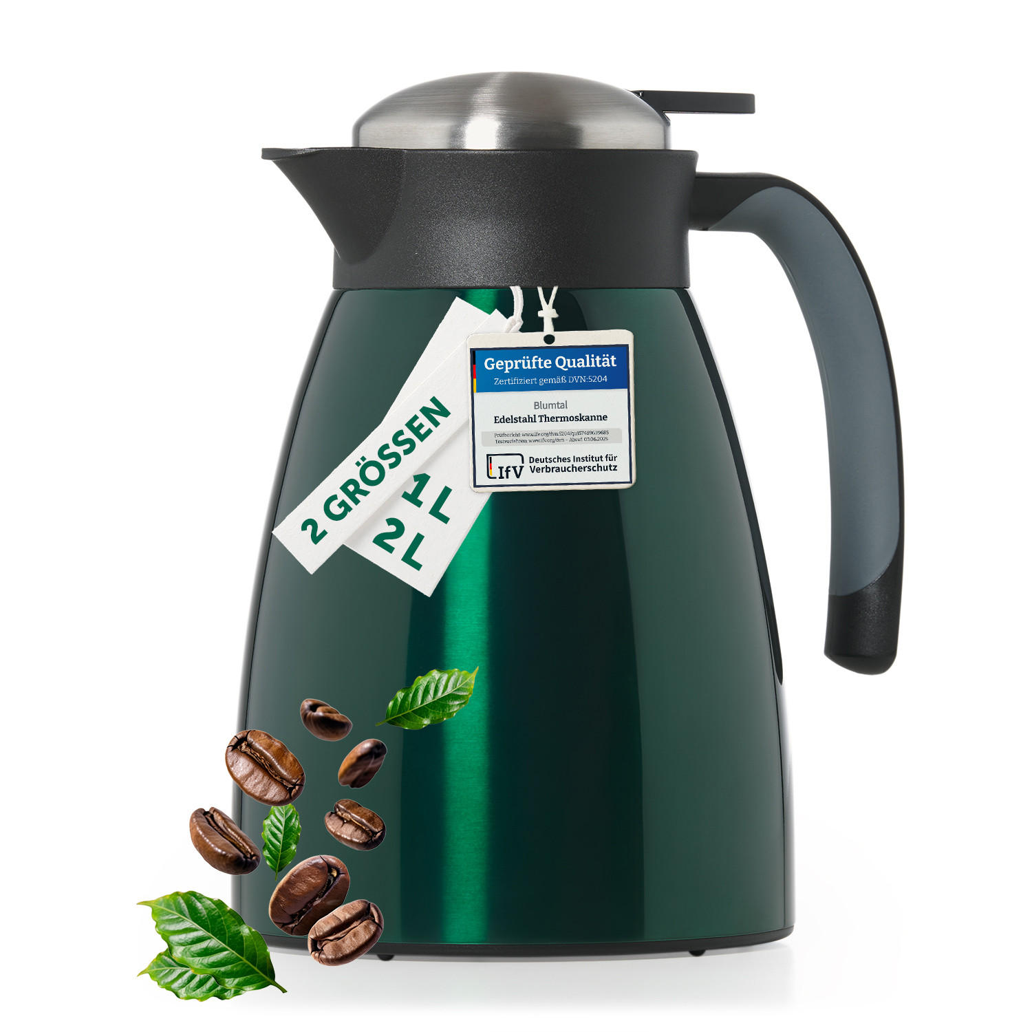 THERMOSKANNE Carla 2L Dunkelgrün – Große Isolierkanne 2000 ml - Dunkelgrün, Metall (2L) - Blumtal